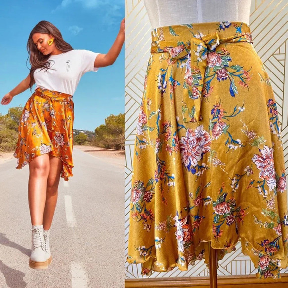 Boohoo Plus Floral Print‎ Hanky Hem Tie Waist Skirt - Picture 1 of 9